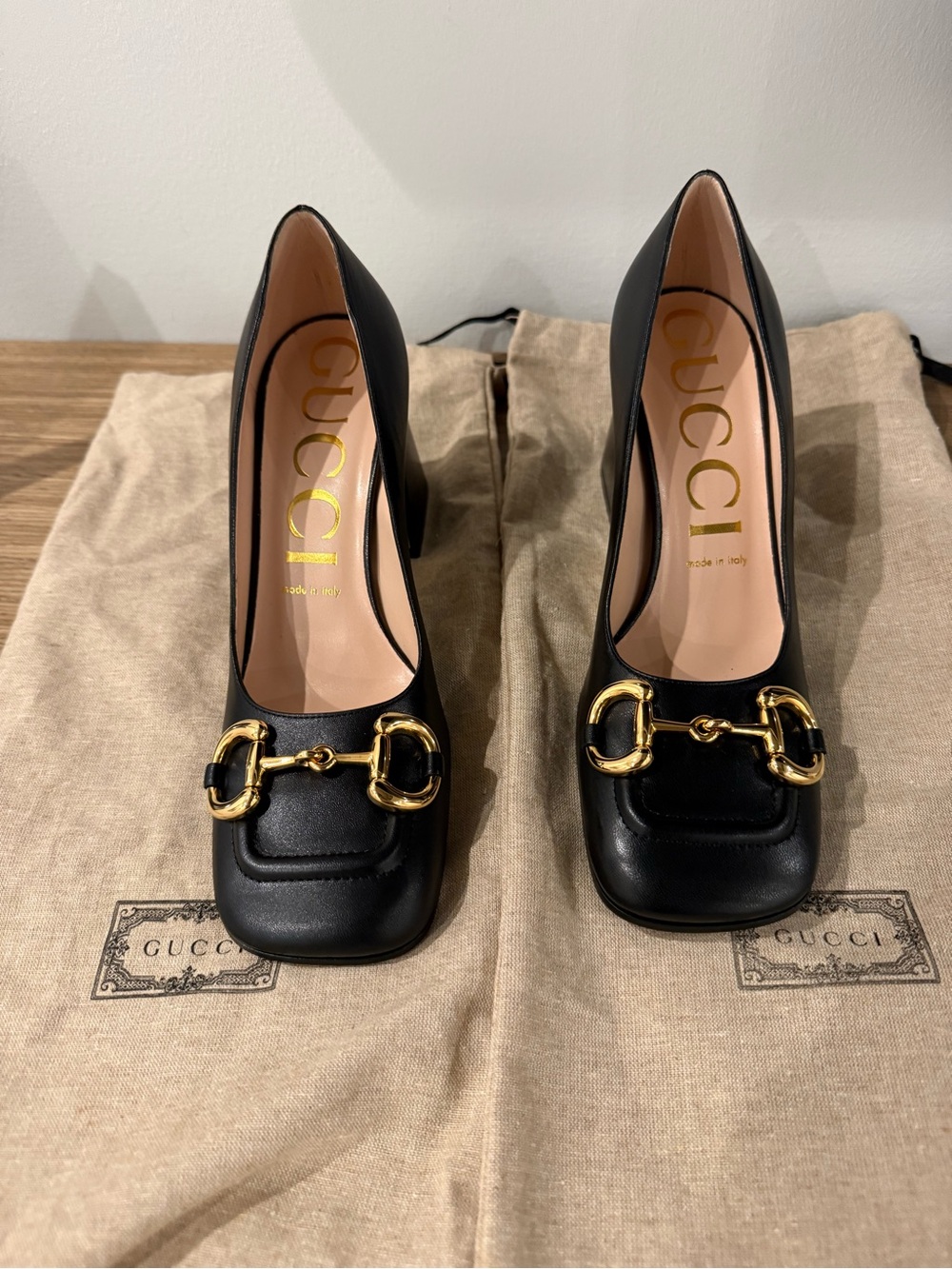 Gucci Black Leather Horsebit Square-Toe Pumps with Gold Hardware